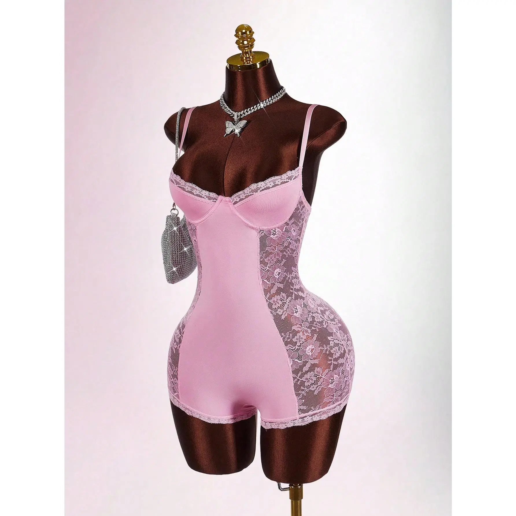 Women's Contrast Lace Slim Fit Romper With Shirred Waist trending now viral style year round versatile sleek clean look classic stylish timeless refined elegant must have everyday essential flattering