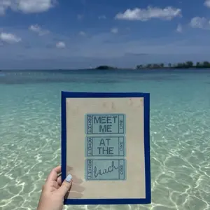 Meet Me at the Beach Needlepoint Canvas – Travel Ticket Design – Beach Vacation Needlepoint – 18 Mesh Canvas Only – Coastal Summer Stitch