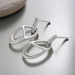 Silver Open Oval Dangle Earrings with Crystal Pave Stud