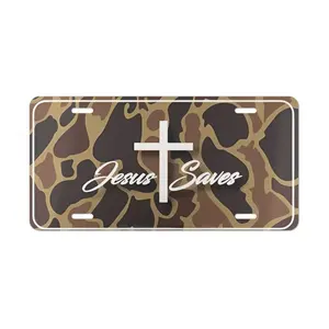Christian Faith Jesus Saves License Plate – Camo Cross Decorative Car Tag, Religious Aluminum Wall Sign 12"x6" with Pre-Drilled Holes Easy Mounting