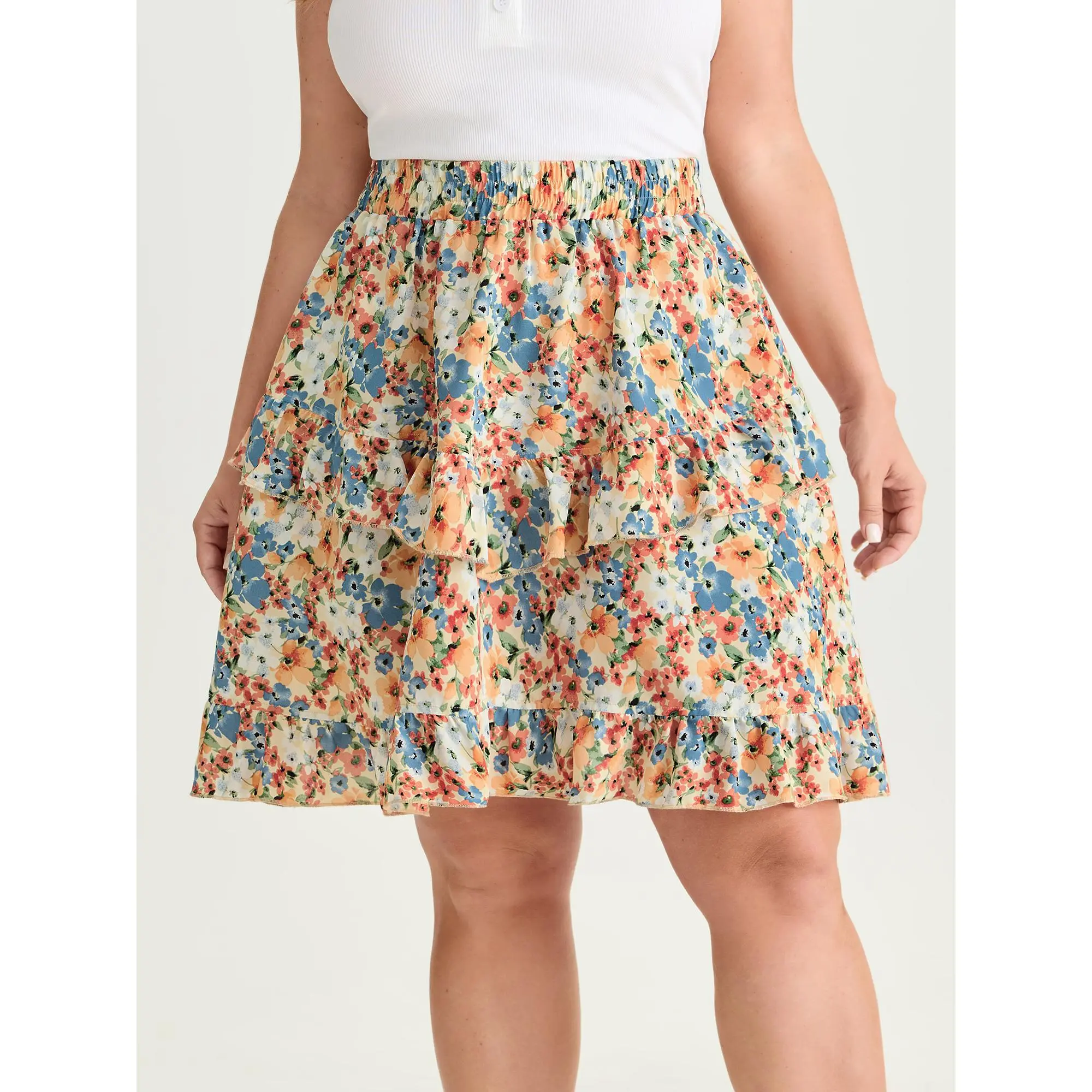 BloomChic Plus Size Ditsy Floral Ruffle Mini Skirt - Casual Bohemian Polyester Skirt with Side Pocket for Summer, Fabric, Bottom, Plus Size Fashion, Mini Skirts,back to school shopping