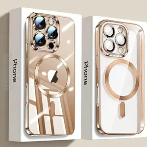Magnetic Electroplated Cases for 17 16 15 14 13 12 11 Pro Max plus Transparent with Camera Lens Protection Glass Wireless Charger Cover Compatible with MagSafe Protector Soft Slim Shockproof Phone Case Cover for iPhone 17 Pro Max