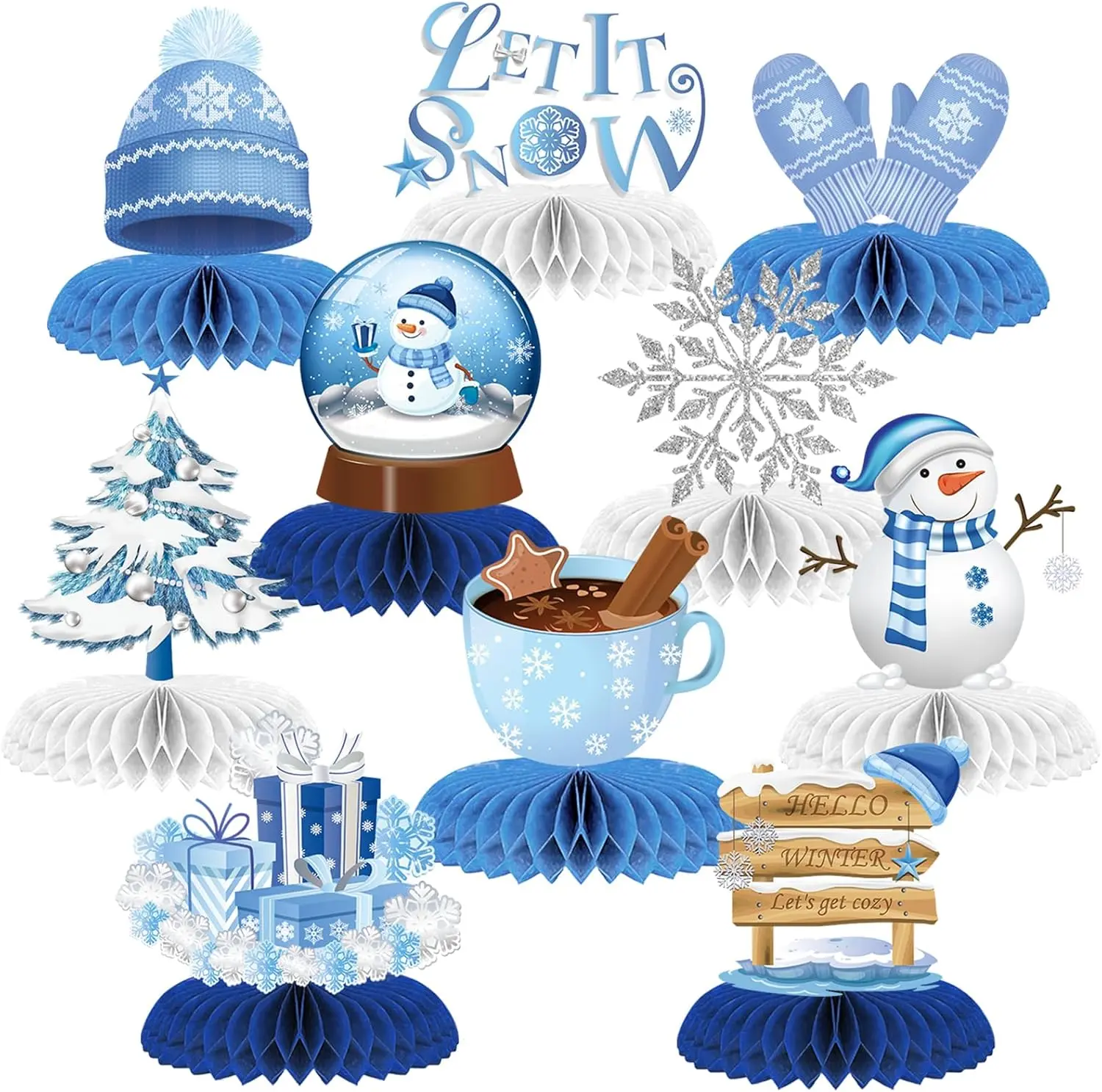 Let It Snow Table Decorations Winter Party, Snowflake Snowman Honeycomb Centerpieces for Christmas Holiday and Baby Shower Party Supplies Ornaments