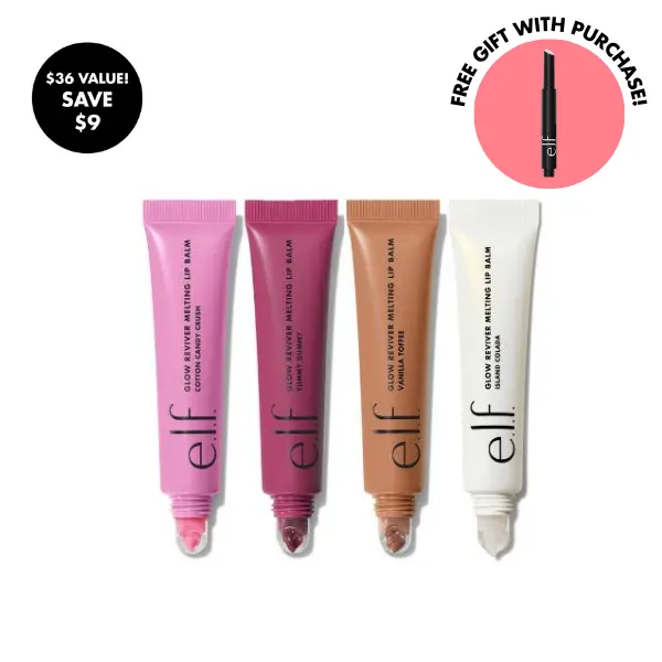 e.l.f. Glow Reviver Melting Lip Balm 4-Pack - Island Colada, Cotton Candy Crush, Vanilla Toffee, Yummy Gummy - Smooth Application, Buildable Color, Hydrating Butters