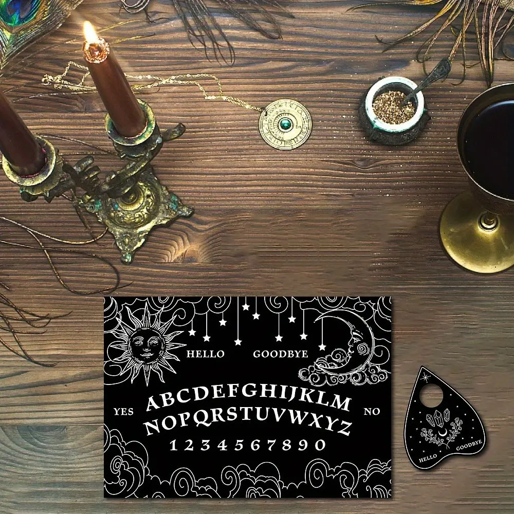 Wooden Ouija Board Set, 2-Piece Spirit Game, Medium Birthday Party Supplies, Features Sun Pattern Design, Ideal for Occult Enthusiasts