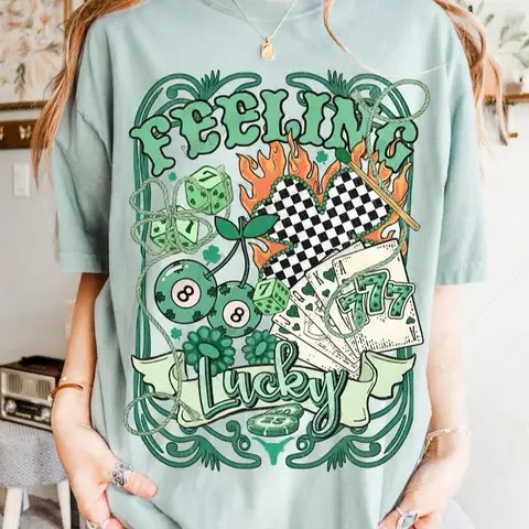 Comffort Colors Feeling Lucky Vintage T-shirt Retro Western Casino Collage Cowboy Rodeo Graphic Edgy St Patrick’s Day Tshirt