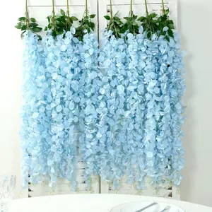 42" Silk Hanging Wisteria Flower Garland Vines in Light Blue, Elaborated 5 Full Strands in 1 Bush