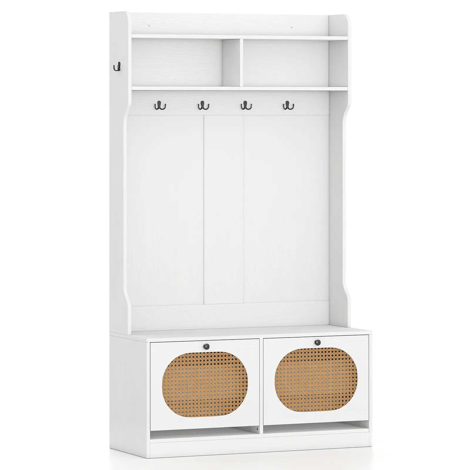 COSTWAY - 4-In-1 Hall Tree with Coat Rack and Flip Drawers for Entryway Mudroom-White