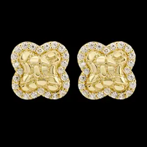 MaxBling81 Unisex 14K Gold-Plated Brass Golden Nugget Clover Earrings, 12mm x 12mm Cubic Zirconia Studs, Fashion Costume Jewelry for Men & Women