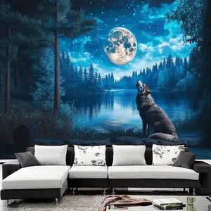 Wolf by Moon Lake Tapestry - Polyester Brushed Fabric Wall Hanging for Living Room, Bedroom, Dorm Decor - Indoor Scenic Backdrop for Parties, Photo Shoots, Festivals - No Power Needed Decorating Decoration Home