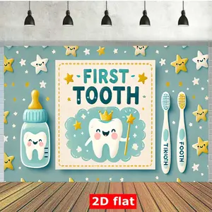 1pc 2D Flat Polyester First Tooth Photography Backdrop Wall (7x5ft) - Vibrant Teal & Yellow Banner with Stars, Toothbrushes, Cake Design, Durable White Non-Electric Textile for Birthday Parties, Photo Booths
