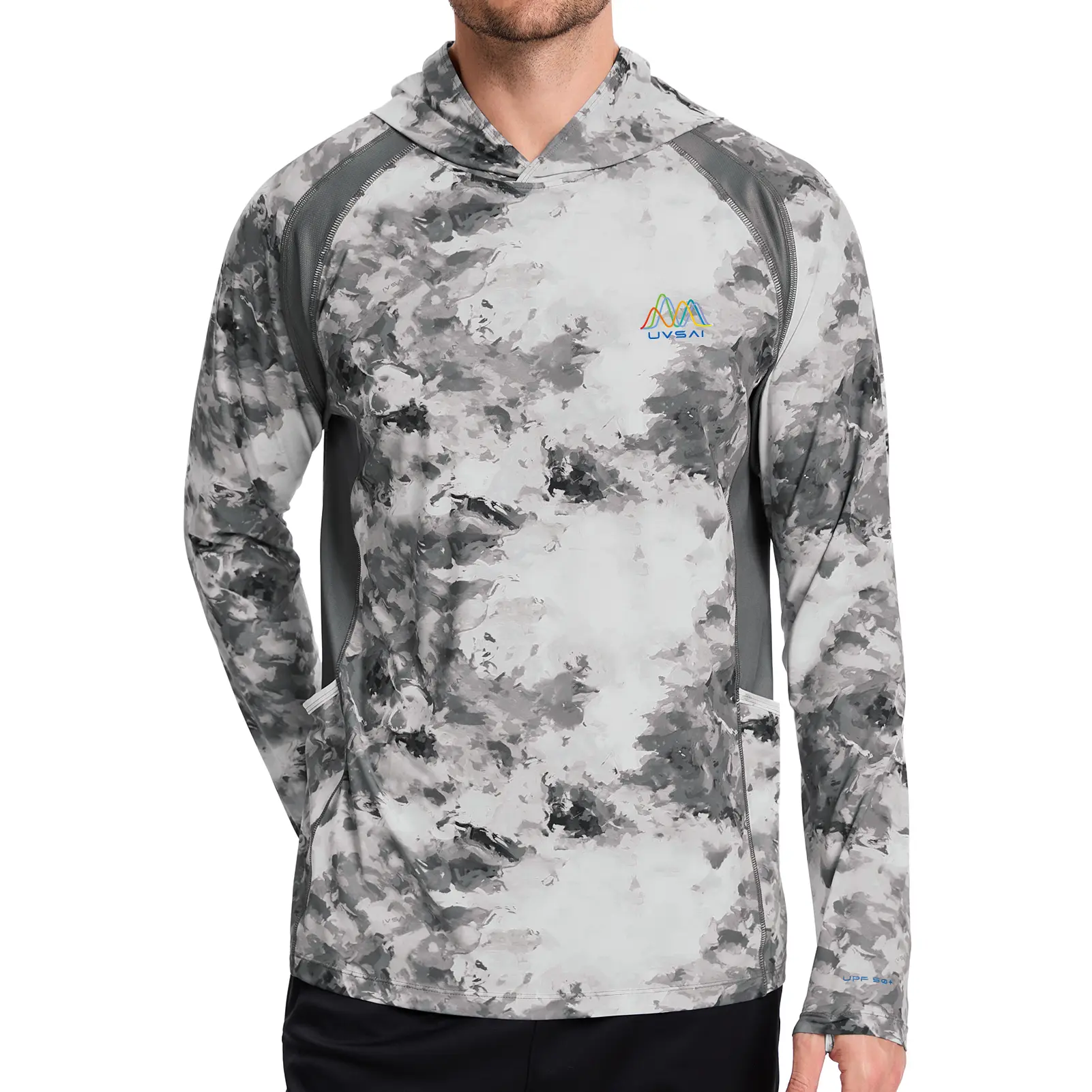 UVSAI Male UPF 50+ Hoodie Shirt with Built-in Mask, Long Sleeve, Breathable, Fade Resistant, Permanent UV Sun Protection Neck Gaiter Performance Top for Fishing, Hiking Outdoor Activities