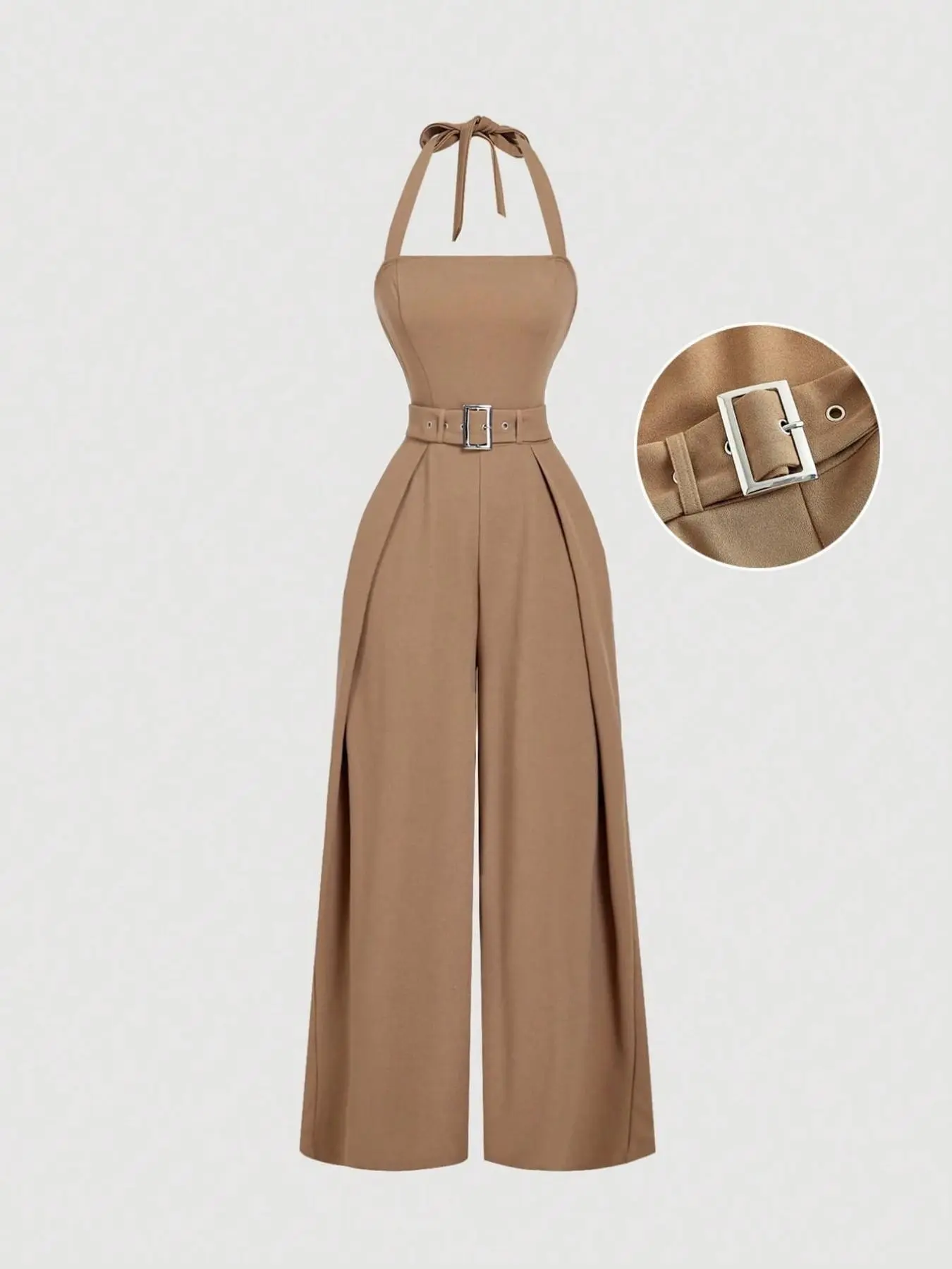 Women's Fashionable Elegant Comfortable Backless Halter Jumpsuit with Adjustable Waistband, Fitted One-Piece Outfit for Casual Wear