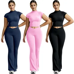 Women's 2-Piece Crossover High-Waisted Crop Top & Leggings Set, Tummy Control, Crew Neck, Stretchy Butt-Lifting, Solid Color Sportswear, Elastic Waist Activewear, Fitness Activewear, Gym Workout Set, Gym Athletic Clothes for Yoga, Riding, 2 Piece Sets