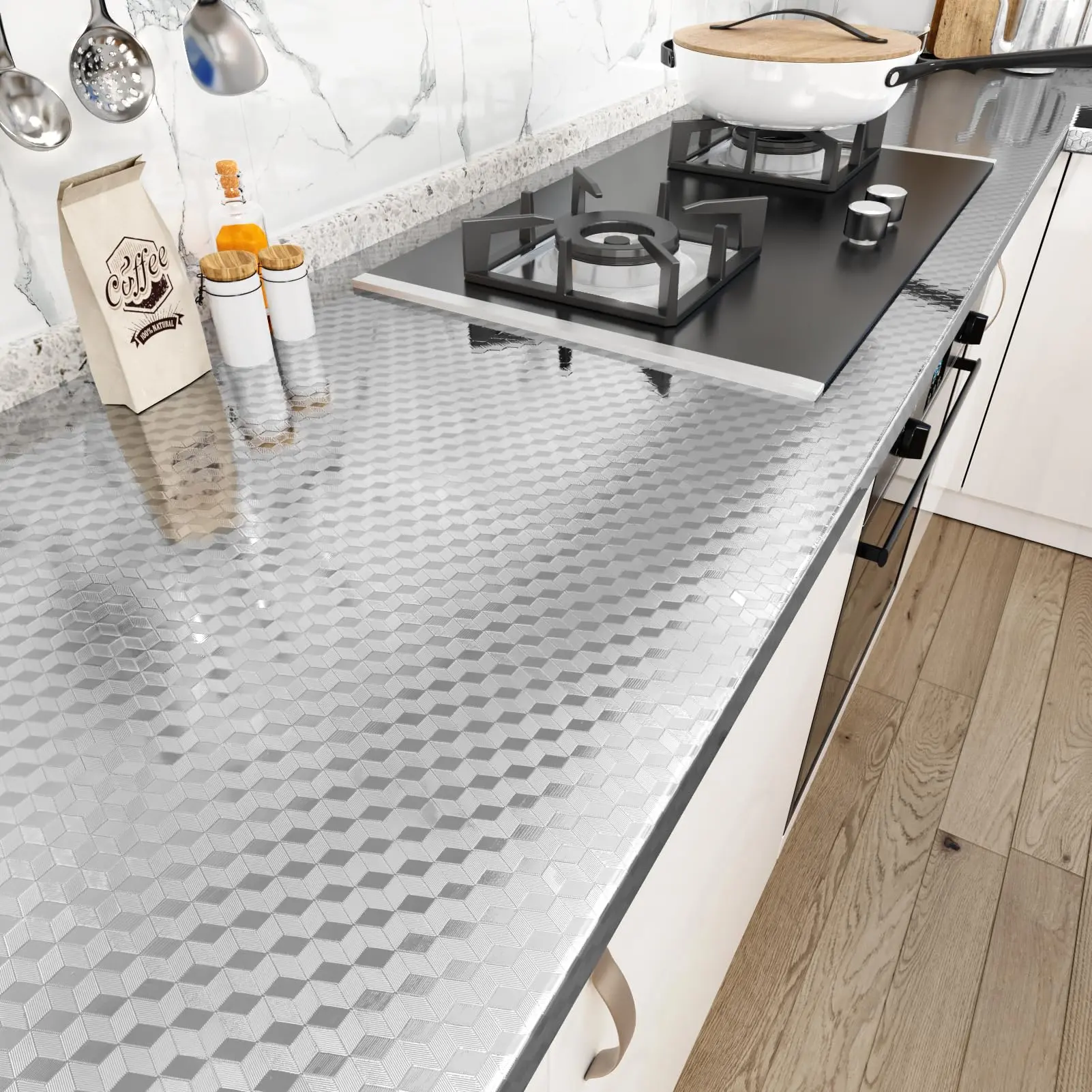 Peel & Stick Wallpaper - Water and Oil Proof Contact Paper for Kitchen Countertop Cabinets - Self-Adhesive Removable Aluminum Foil Sticker, Oil Proff Heat Resistant