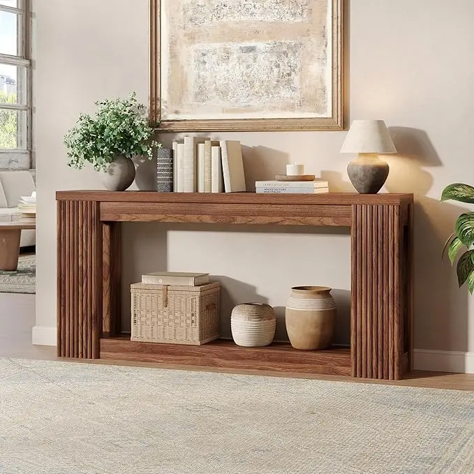 [Summergarden] Vabches Fluted Wooden Console Table with 2 Storage, 71 Inches Rectangular Entryway Table Behind The Couch, Farmhouse Boho Sofa Table for Entrance, Hallway, Living Room,dorm essentials,home decor