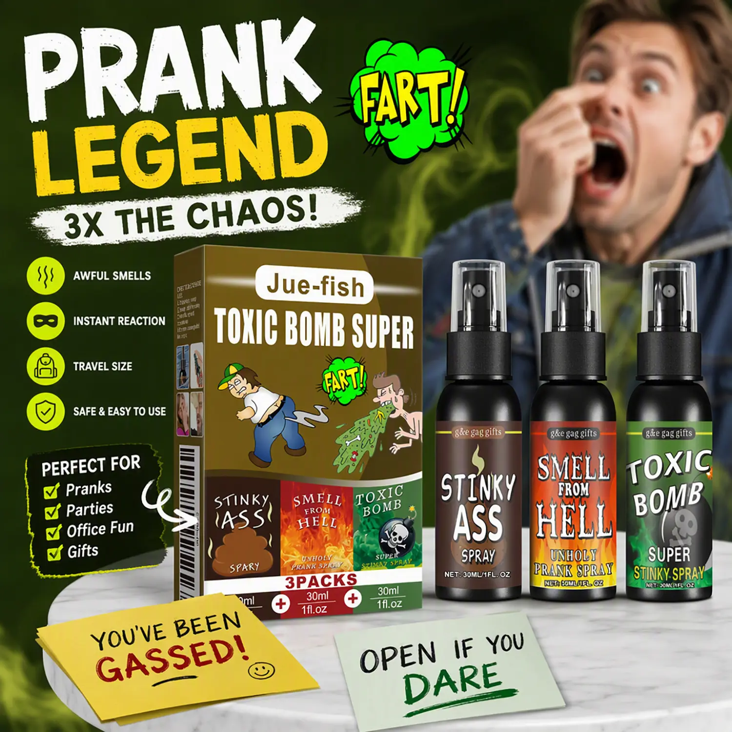 Prank Fart Spray April Fool's Day Gift Liquid Fart Spray Non Toxic Stink Bomb Ass-Smelly Stinky Gas Prank Toy FunJoke Tricky Smelly Fart Party Supplies. 3pcs/set 30ml