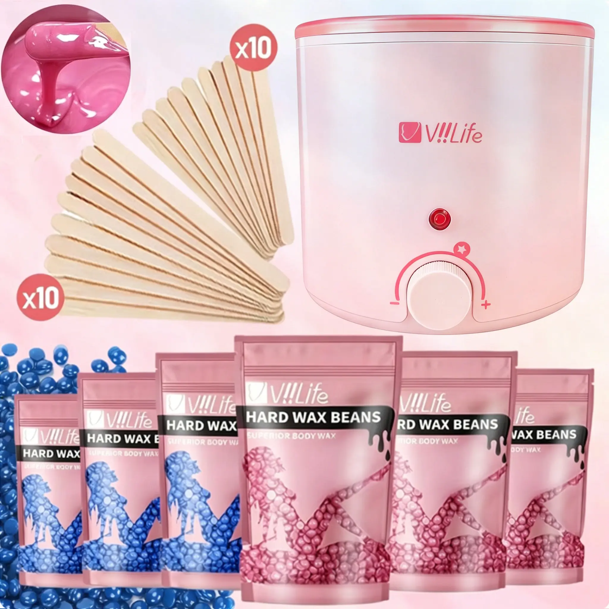Vilife Wax Heater Kit, Adjustable Wax Heater, Waxing Supplies, Includes 6 Multi-Color Hard Wax Beans & 20 Disposable Wooden Applicators, Pain-Free Hair Removal