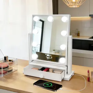 Hollywood Vanity Makeup Mirror With Lights and Storage Drawer, 9 LED Bulbs, Adjustable Brightness, 3 Color Modes, 17"x13", 5X Magnifying Mirror, Smart Touch Control, USB Port, Makeup Cosmetic Setting, Clear Decor, Reflective