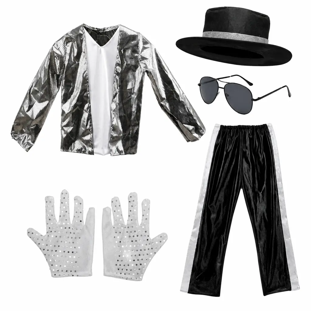 Kids Costume Set 5Pcs 70s Retro Pop Star Inspired Halloween Disco Party Outfit with Sequin Jacket Pants Hat Gloves Sunglasses