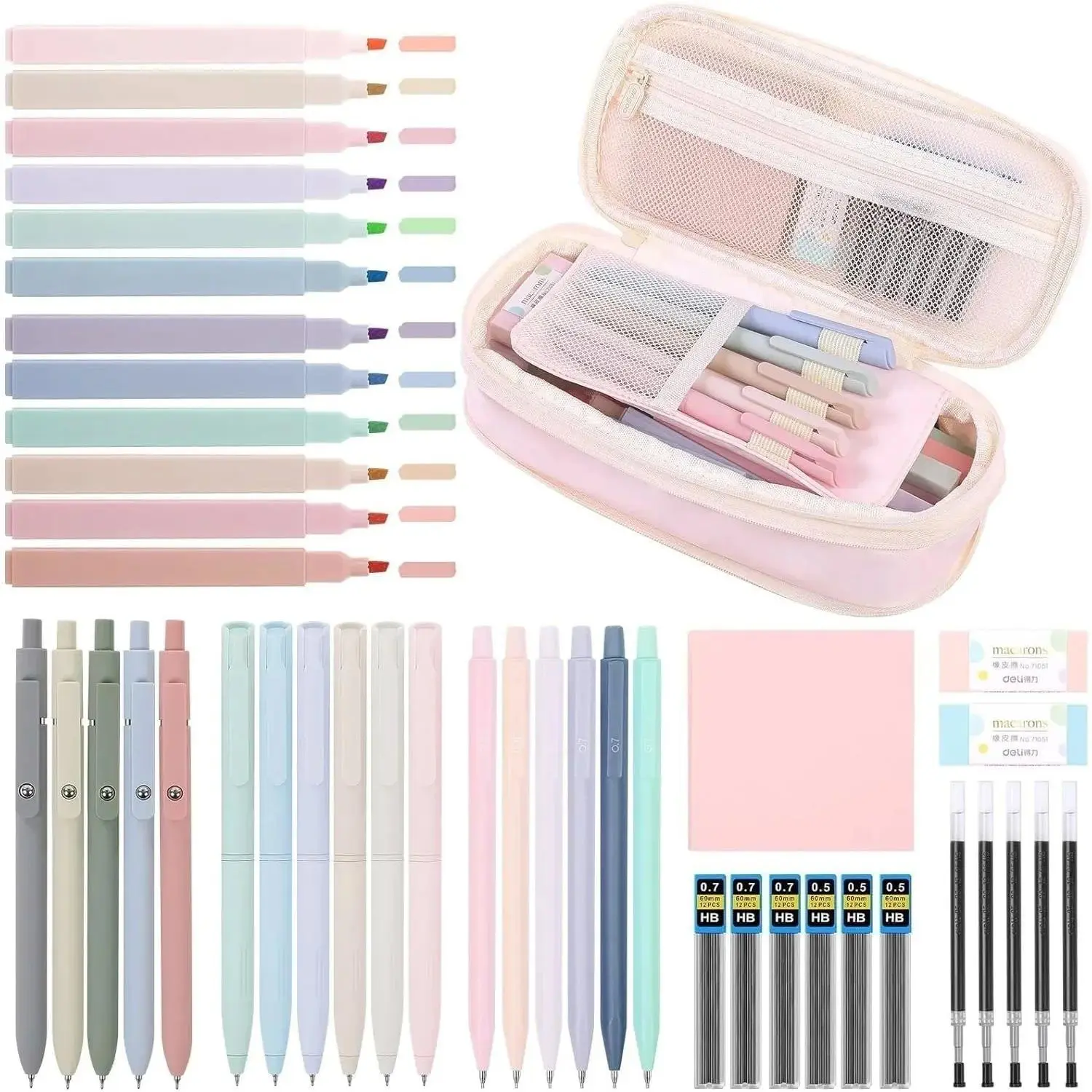 Cute School Supplies 44 PCS, Aesthetic Pencil Case with 12 Pastel Highlighters, 5 Black Gel Pens, 6 Color Gel Pens & Mechanical Pencils, College Essentials Students Stationary Set Pink