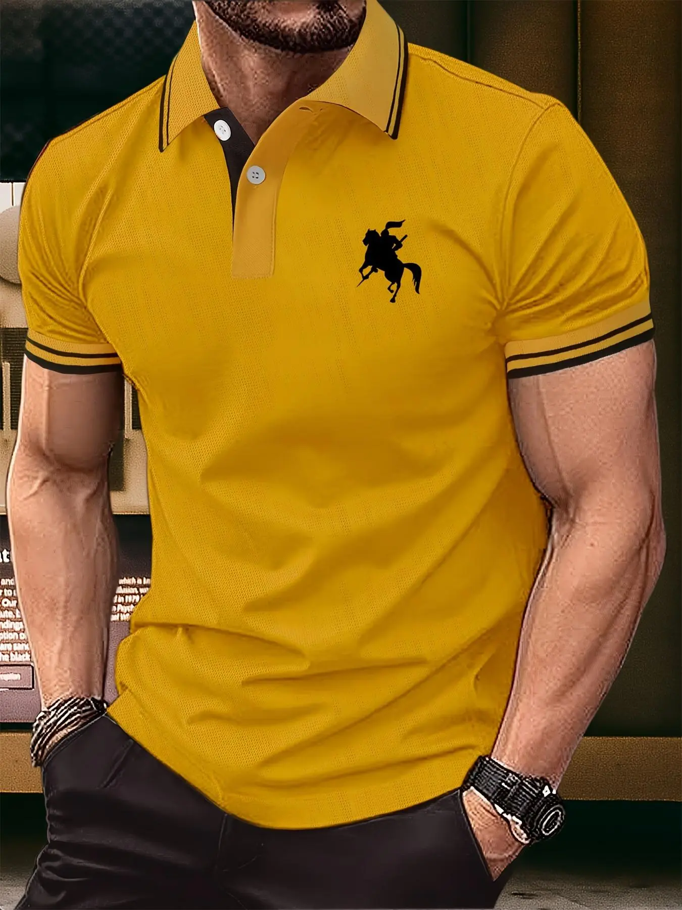 Men's Regular Fit Cartoon Horse Print Polo Shirt, Breathable Polo, Casual Short Sleeve Button Front Top for Summer, Fashion Men's Clothes for Daily Wear, Golf Polo Shirt, Breathable Summer Polos, Knit Polo Shirt