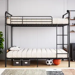 Heavy-Duty Twin Over Twin Metal Bunk Bed with High Guardrail, Includes Ladder, Convertible Design, No Box Spring Needed, Wood Accents, Black (for Kids, Adults)