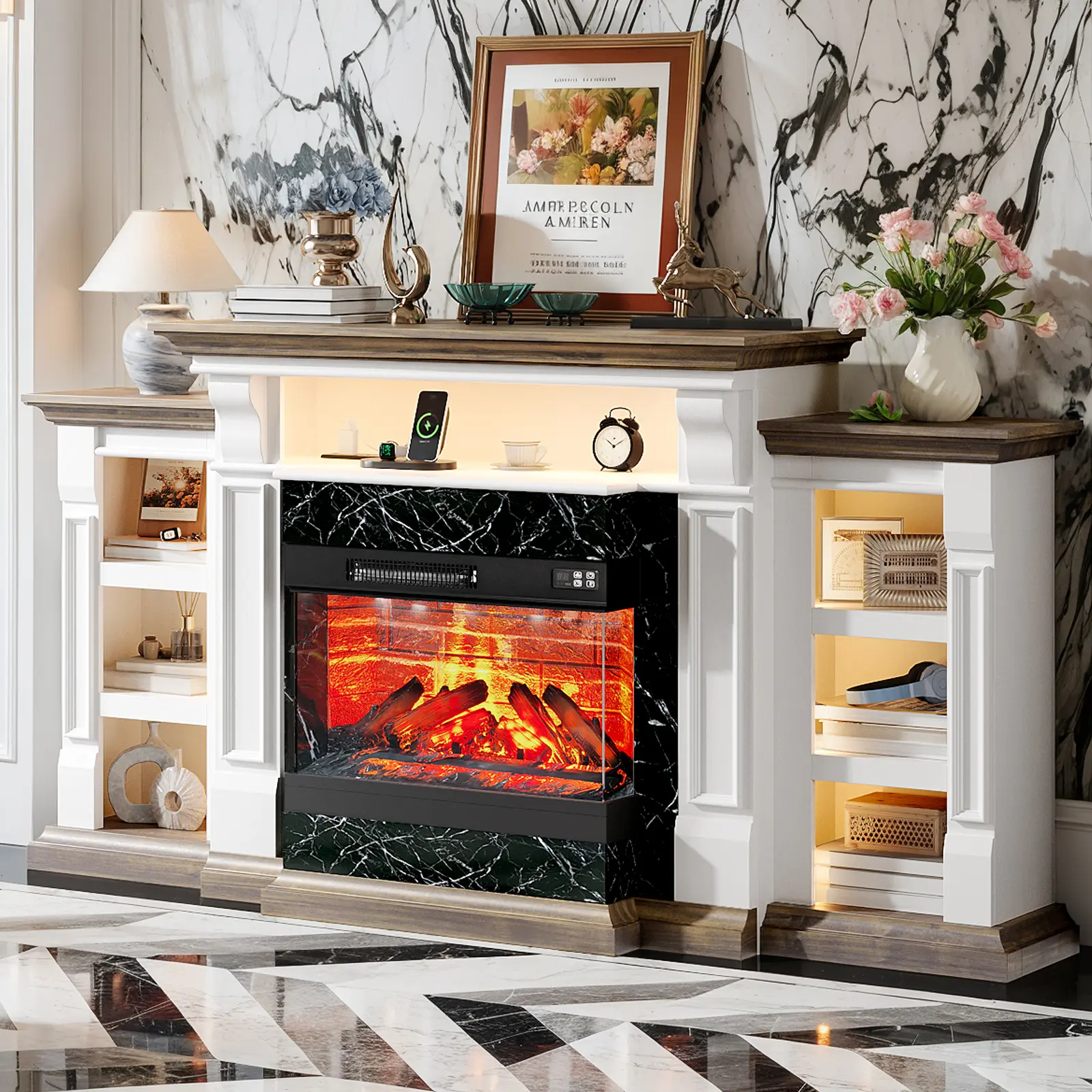 LGHM 72'' Electric Fireplace With Fireplace Mantel, Farmhouse-Style TV stand With 23'' Tall Entertainment center with Charging Station &LED Lights, Fireplace Insert, Suitable For TVs Up To 80 ''，Black,white&browm,Insert for Living Room