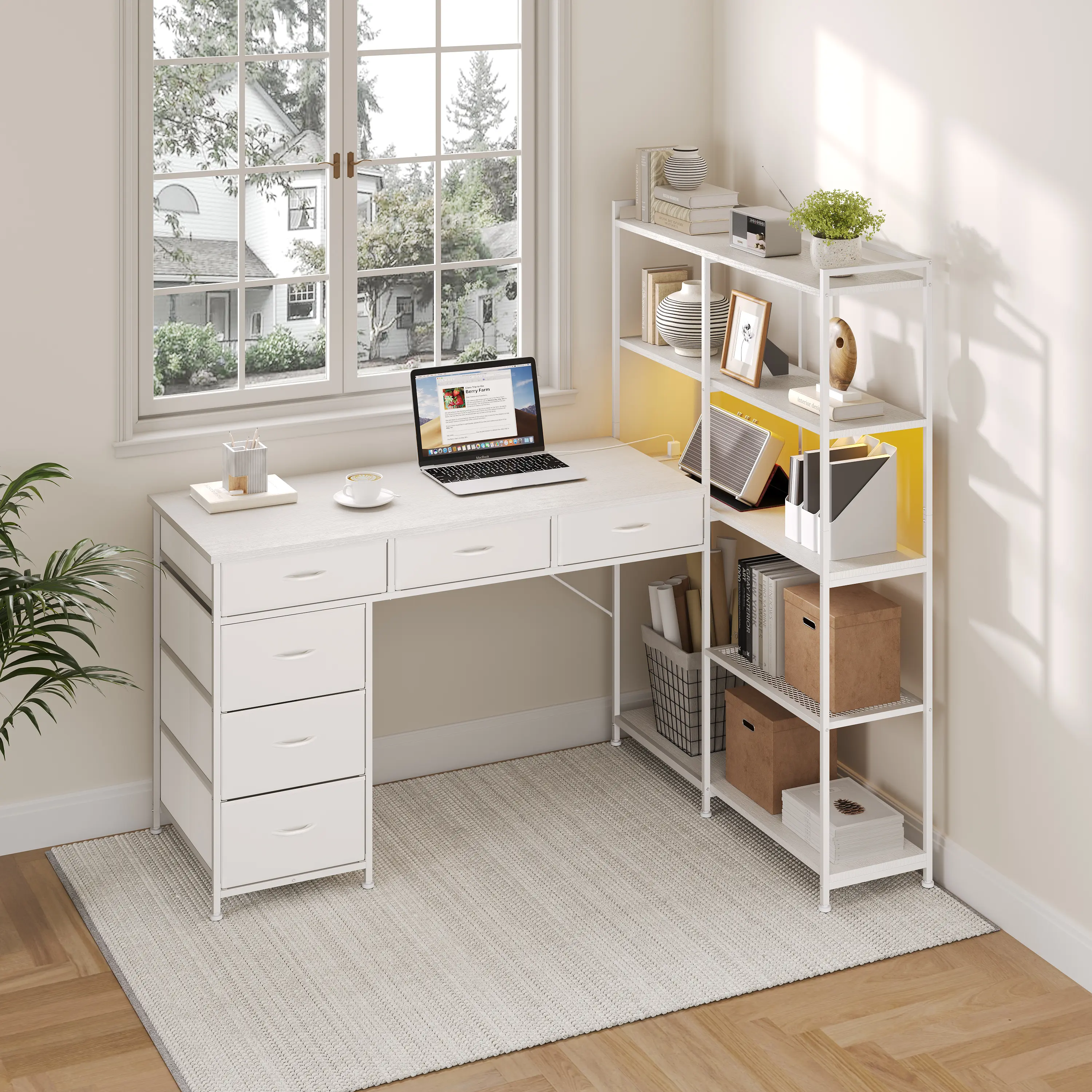 Garvee L-Shaped Computer Desk Organizer – 6 Drawers & 5-Tier Shelves, Built-in LED Lights & Power Outlets, 47.2" Modern Corner Workstation – Sturdy Wooden Design for Home Office, Study, Gaming – Sunset Cloud Color – Maximize Corner Space