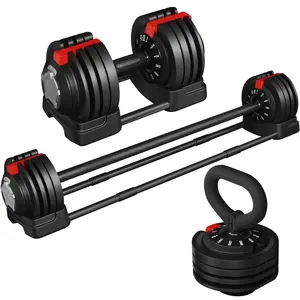 Renwick Adjustable Anti-Slip 3-In-1 Nylon Dumbbell Weight Set, 7-52.5Lbs, (Black & Red)