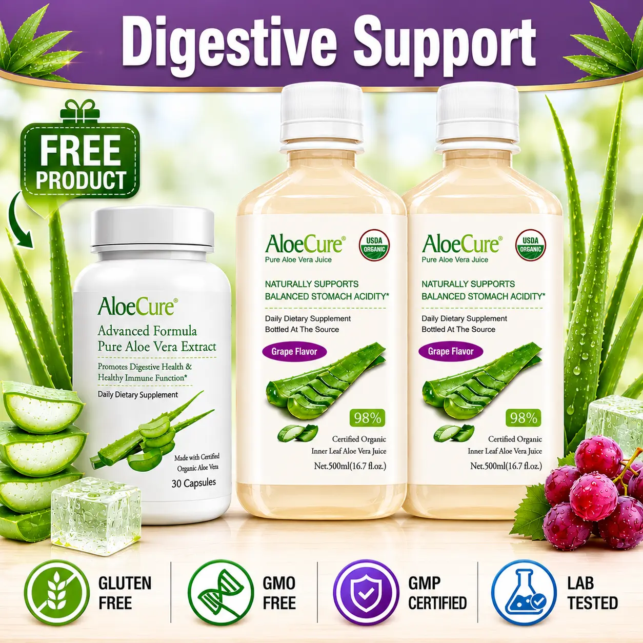 AloeCure Natural Organic Daily Health Bundle - Gut Support, Bloated Stomach Relief Digestive Supplement Pack: Grape Flavor Liquid Aloe Juice (2 Btl), Aloe Vera Capsules (30 Caps), Body Health Support