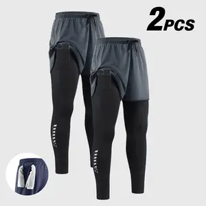 2 Pack Men's 2-in-1 Running Pants, Quick Dry Breathable Compression Leggings with Built-in Phone Pocket & Towel Loop, Elastic Waist Athletic Tights for Gym Workouts, Outdoor Running & All Seasons Comfy Drawstring tapered sweatpants split shorts