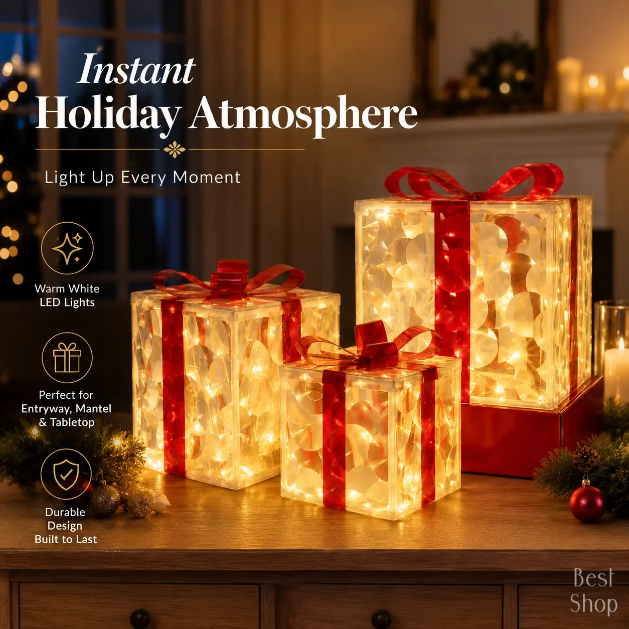3-Piece Transparent LED Warm Light Christmas Gift Boxes with Timer, DIY Assembly, USB A Compatible (Powered by USB Plug), Flashing/Blinking, Outdoor Camping & Hiking Decor, Batteries Not Included, Led Lights
