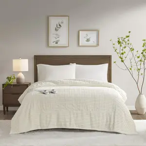 Serta ST54-0283 77 x 84 x 0.25 in. Corded Plush Heated Blanket, Ivory - Full Size