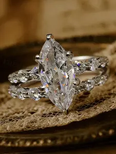 2pcs Marquise Cut Ring Set for Women, Elegant Tone Stackable Rings
