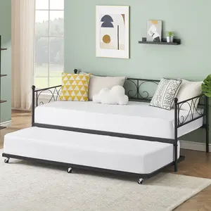 Twin Size Daybed Frame with Trundle, Metal Day Bed with Floral Headboard, Heavy Duty Steel Slats Supports, Modern Twin Bed Frame with Pull-Out Trundle for Living Room, Guest Room, Black/GOLD