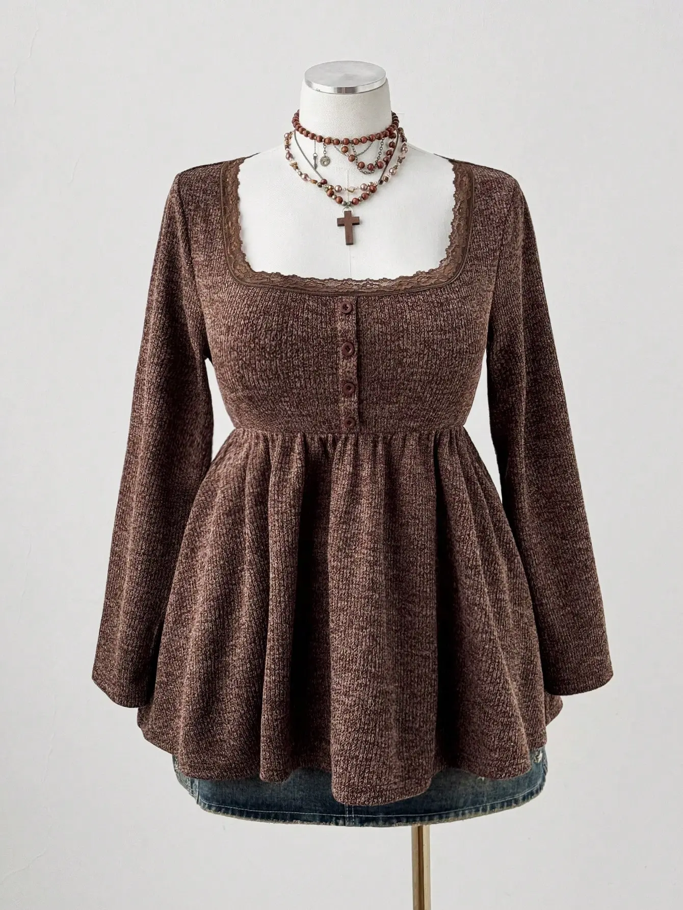 Sunspun Plus Size Coffee Brown Faux Fur Peplum Sweater – Square Neck Vintage Elegant Top for Autumn/Winter