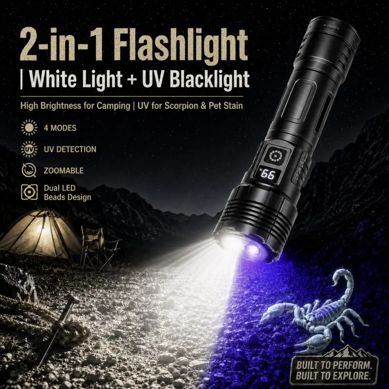 [New Arrival] 2/1PCS High-Powered 2-in-1 LED UV Light Flashlight with Convex Lens, Zoomable Telescopic Focus Portable LED Light UV Lamp, 1PC Multifunctional Flashlight for Camping, Emergency Use, Ideal Gift for Adult Outdoor Enthusiasts