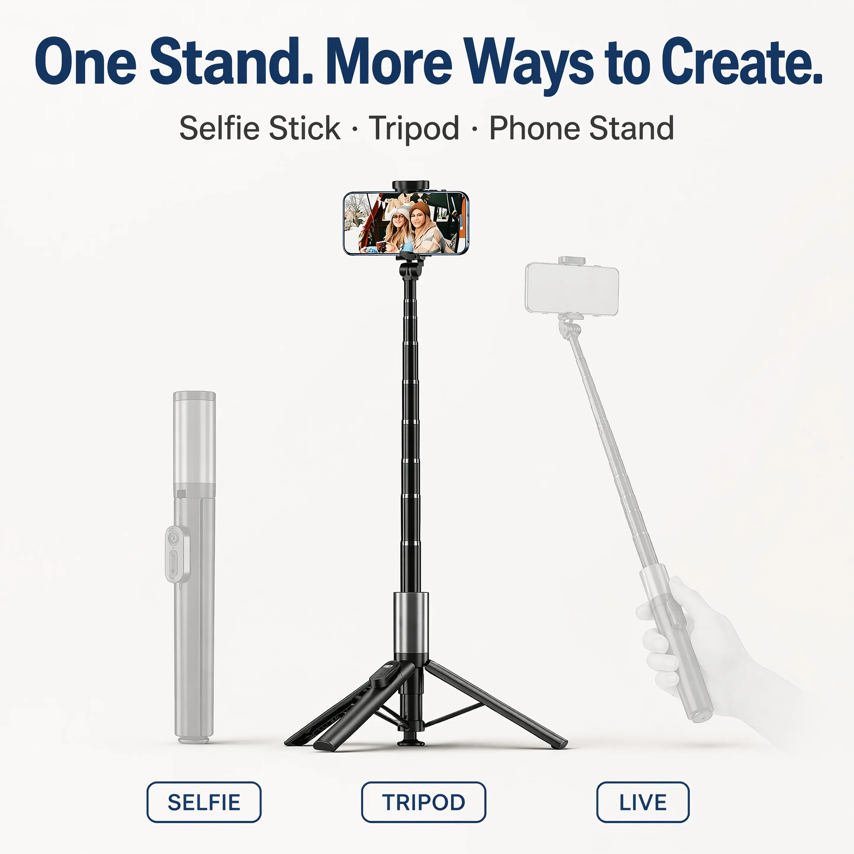 Smartphone Selfie Stick with Wireless Remote & Upgraded Stable Tripod Stand - Phone Holder, Camera