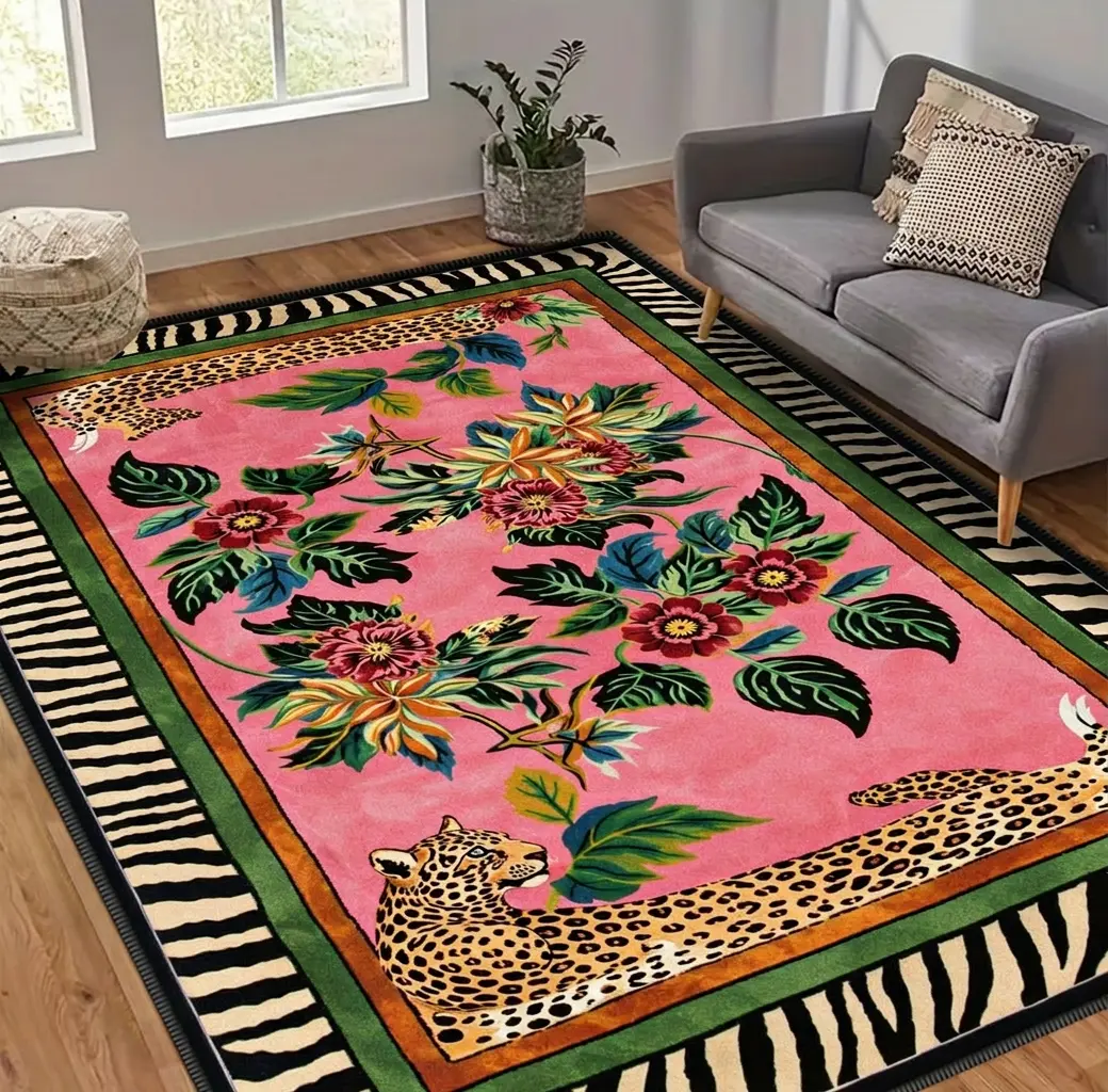 Outdoor rug featuring floral and animal patterns, with a velvet print. Soft and comfortable, slip-resistant, and durable, it is suitable for bedrooms, living rooms, dorm rooms, cabins, dining rooms, entryway mats, and home decor.