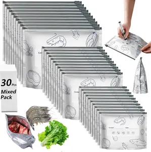 30 Pcs Reusable Mylar Bags for Food Storage, Waterproof Aluminum Foil Stand Up Pouches Freezer Containers for Beans Vegetables Rice Meat Long Term Preservation, BPA Free