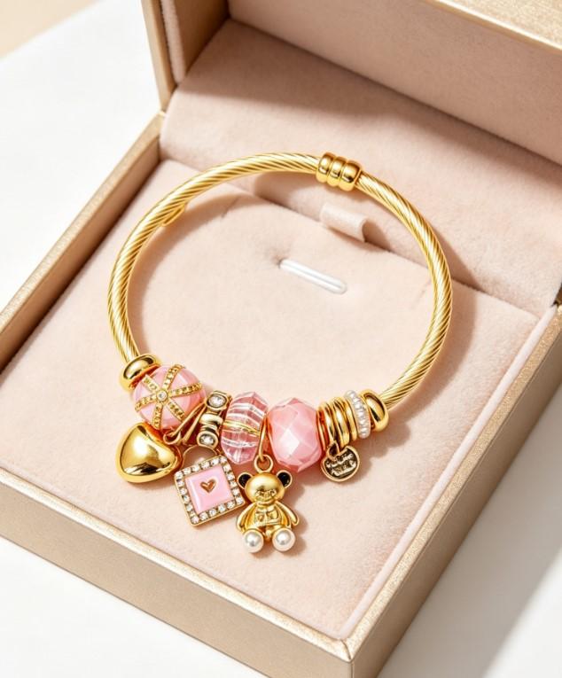 Gold Twisted Cable Bangle Bracelet, Pink Crystal Beads Charms Bracelet with Bear, Heart & Lock Pendant, Sweet Fashion Jewelry Gift for Women Girls Gold Twisted Cable Bangle Bracelet, Pink Crystal Beads Charms Bracelet with Bear, Heart & Lock Pendant, Sweet Fashion Jewelry Gift for Women Girls