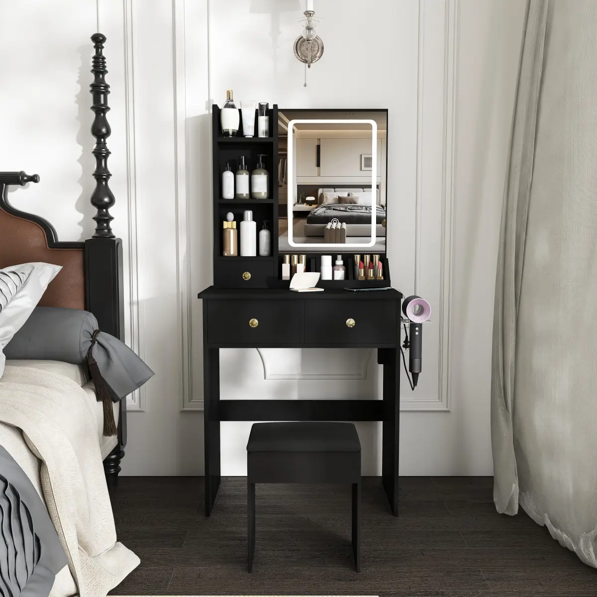 Modern Compact Vanity Desk - Makeup Vanity Bedroom Furniture with 3-Mode LED Lighting (Adjustable Brightness), 3 Drawers, Multiple Open Storage Shelves, Hair Dryer Holder, Power Socket and Dressing Chair, Built-In Vanity Mirror Bedroom Furniture