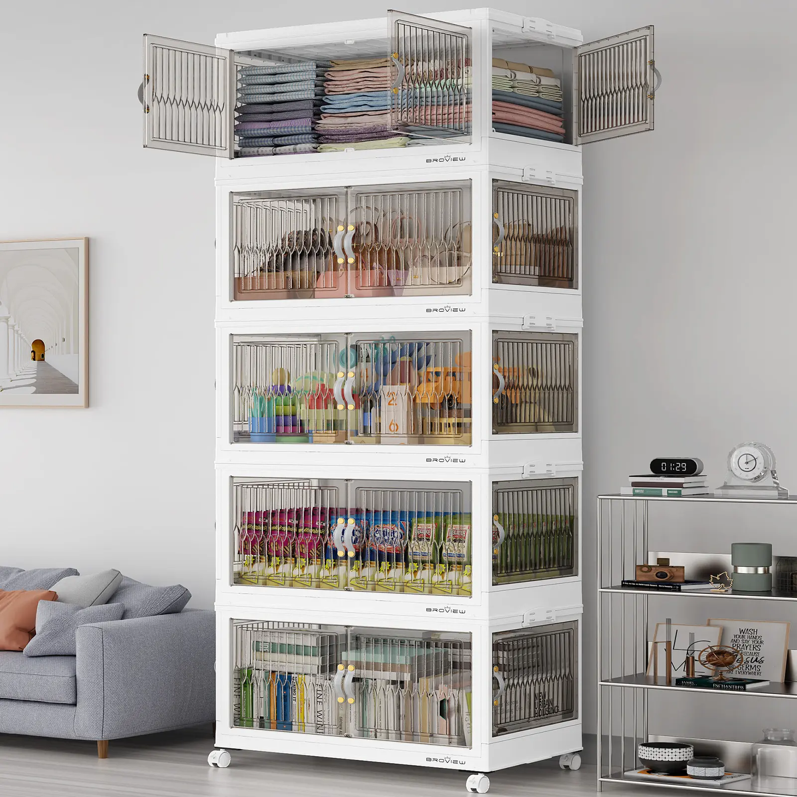 Broview V8F 360Qt/480Qt/600Qt Large Stackable Storage Bins with Lids, Plastic Closet Organizer and Storage Drawer, Collapsible Storage Box with Wheels, Folding Storage Cabinet with Doors for Home Kitchen Office