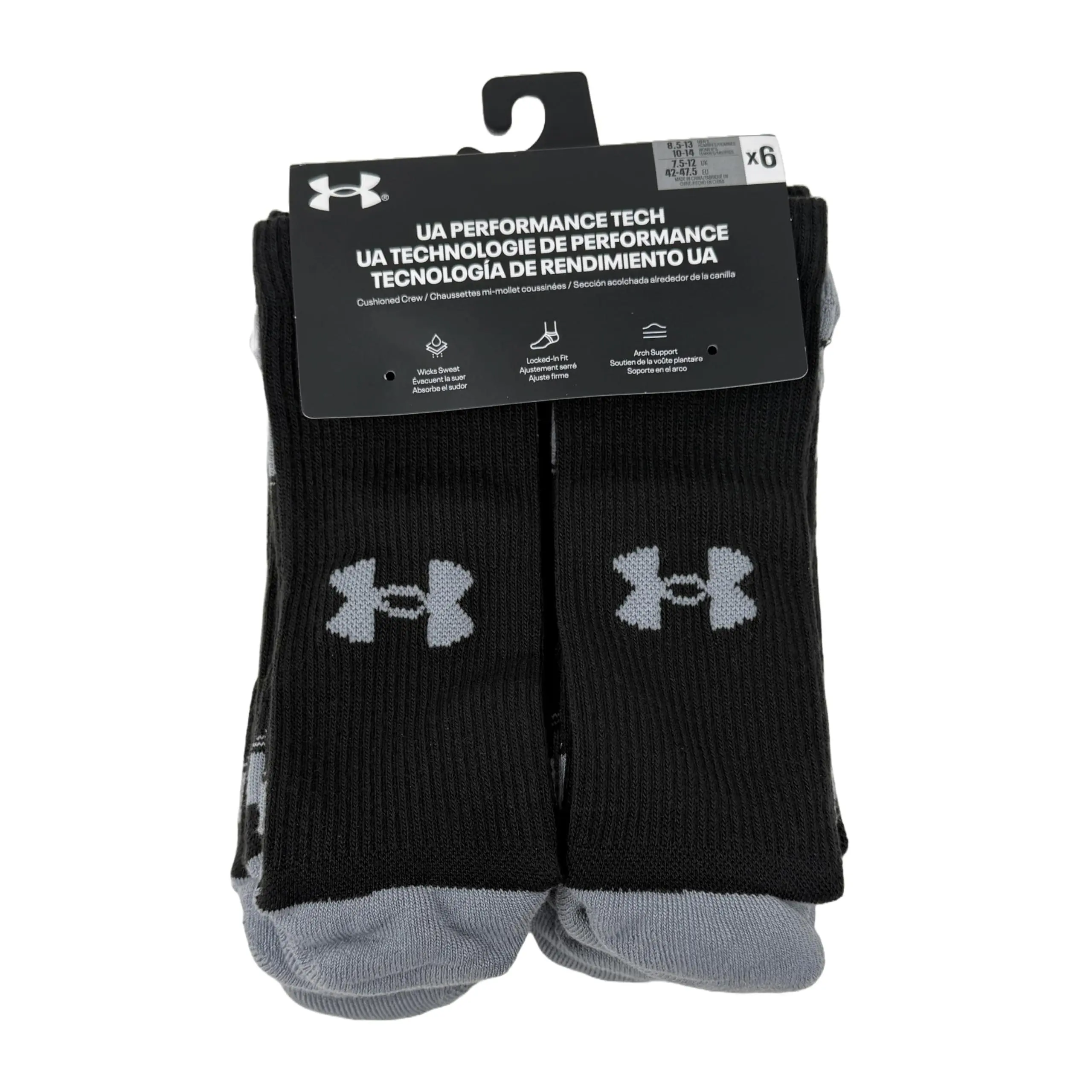 Under Armour Men's Crew Length Performance Tech Cushioned Socks - 6 Pack, Menswear, Fitted Heel, Arch Support, Mesh Breath, Fitted, Breathable Design, Black (Small/Medium/Large), Multi-Size, Locked-In Fit