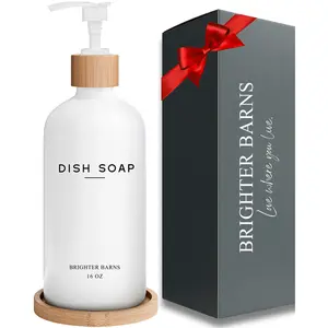 White Glass Dish Soap Dispenser for Kitchen Sink by Brighter Barns - Kitchen Soap Dispenser Set with Tray - Bamboo Soap Dispenser Pump - Minimalist Kitchen Decor for RV, Office, Home, Airbnb (White)