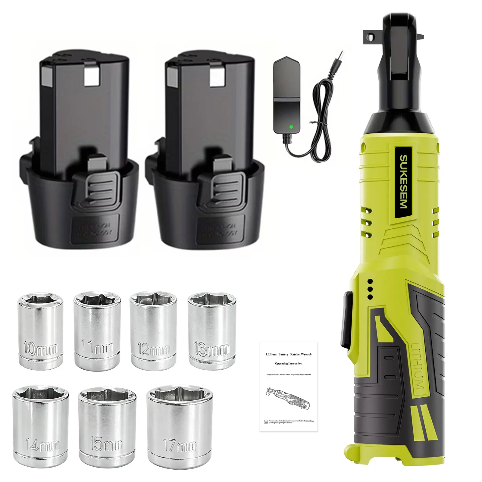 SUKESEM 12V Cordless Electric Ratchet Wrench Kit - 3/8" Quick Release Head, 7 Sockets, Batteries, Fast Charger, High Torque Cordless Power Tools for Auto Repairs, Household Repairs, DIY Enthusiasts