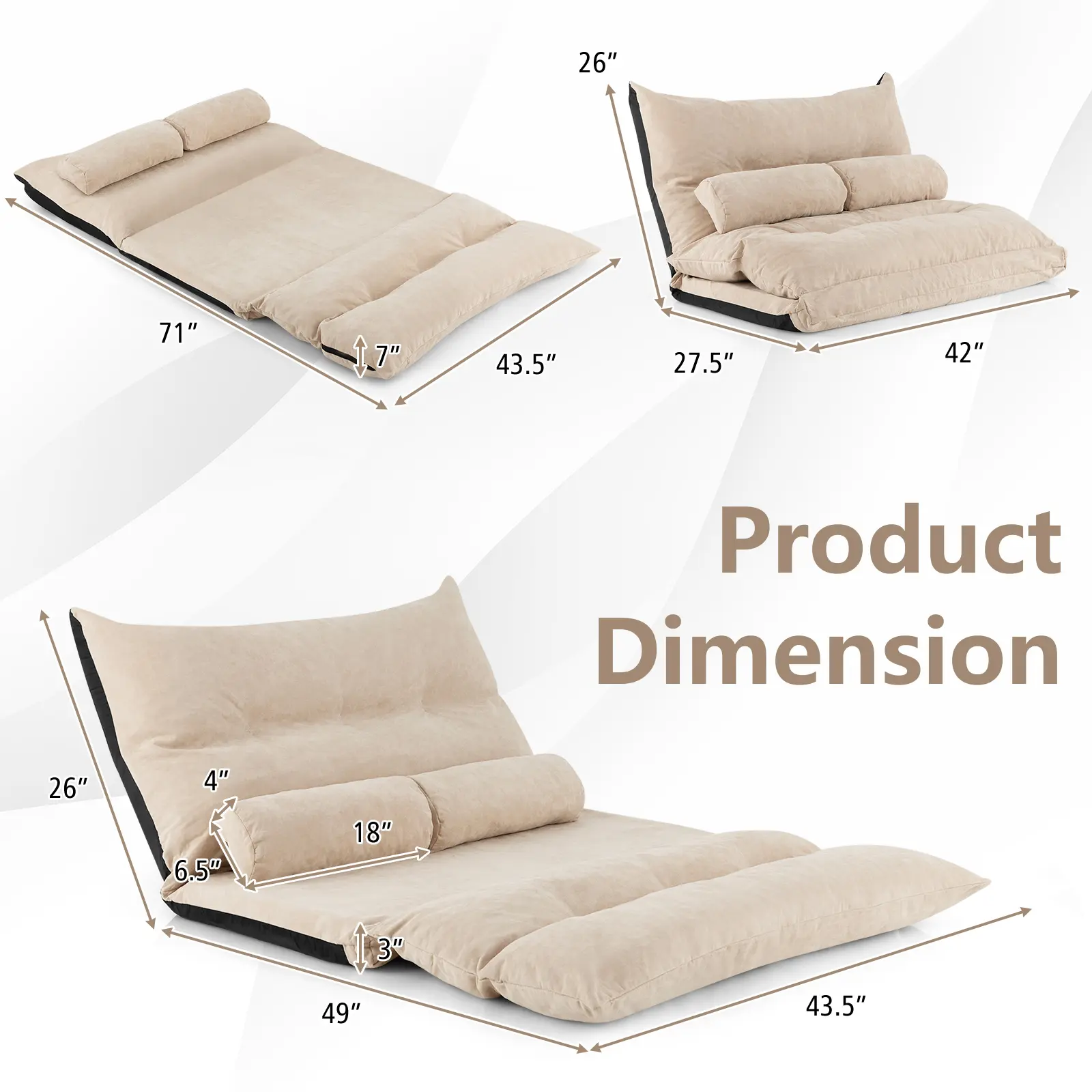 Homasis Convertible Lazy Sofa Bed w/ 42-Level Adjustable Backrest & 2 Lumbar Pillows Beige