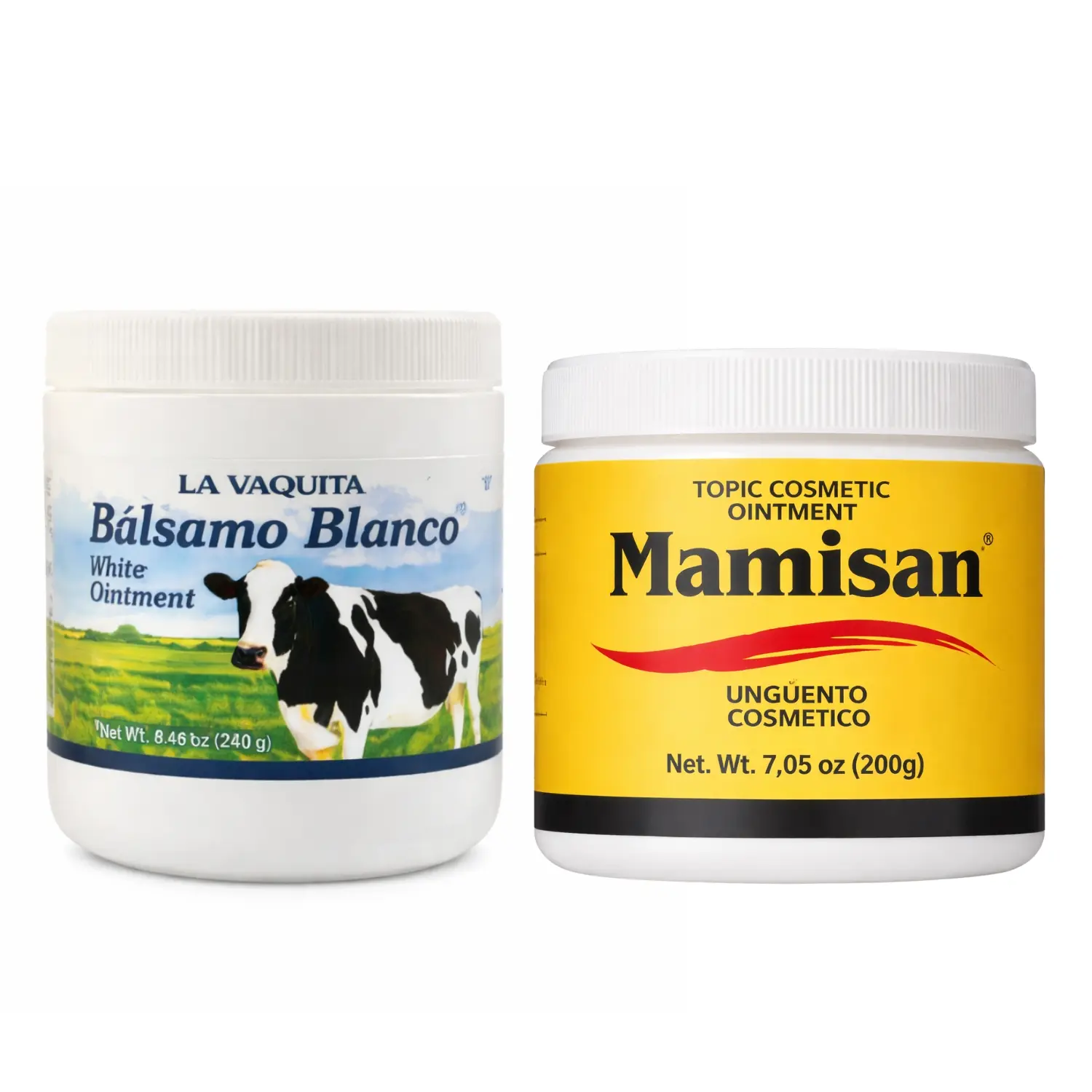 VAQUITA BALSAMO BLANCO & Mamisan Ointment Multi-Pack - Eucalyptus Oil Cosmetic Moisturizer for Adults, Muscle Pain Relief, Hydrate & Restore Smooth Skin, Prop 65 Safe, All Skin Types, 2 Jars (240g, 200g), Nourishing, Two Jars