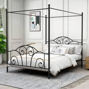 Queen Bed Frame, 4-Poster Metal Canopy Bed Frame for Queen with Ornate Scroll Headboard & Footboard, No Box Spring Needed, Sturdy Slatted Base, Easy Assembly, European Style, Bed Frames For Queen